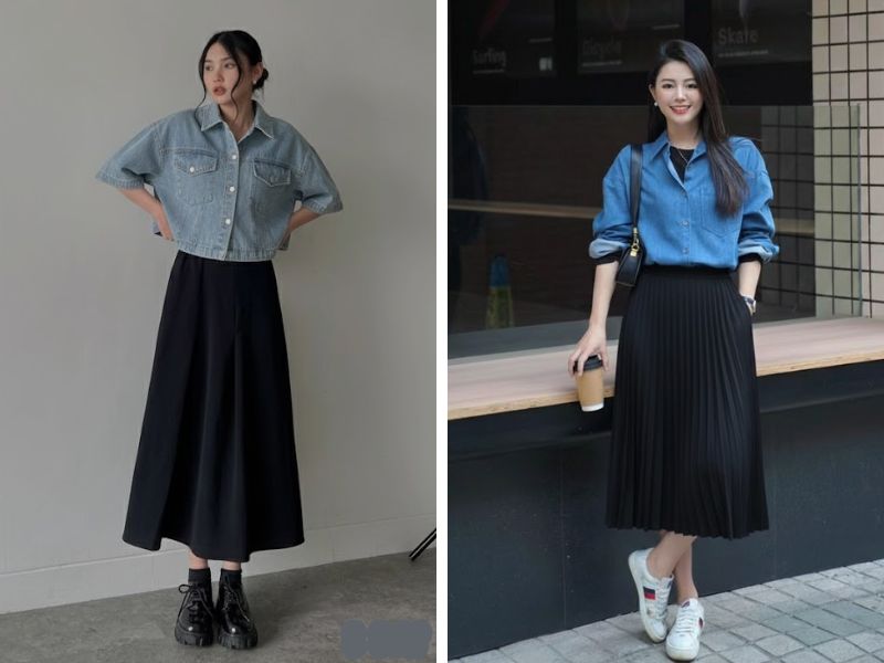 áo sơ mi denim và chân váy midi
