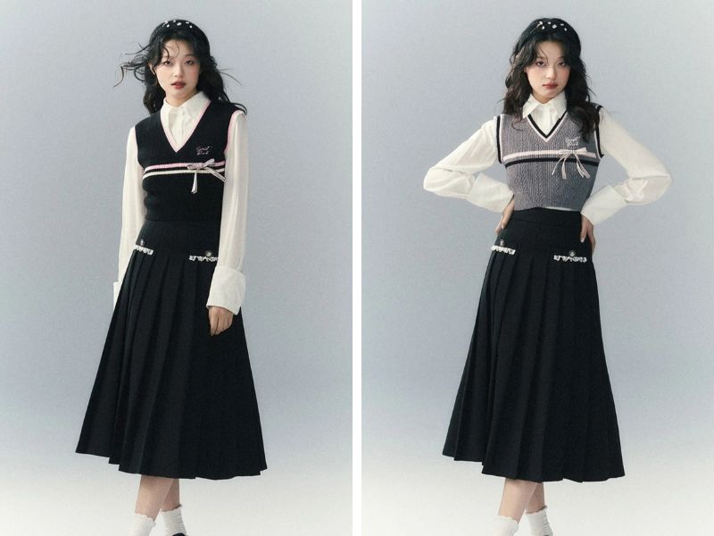 Cách phối chân váy suông dài với áo gile