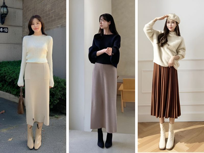 Phối boot cổ lửng với chân váy len