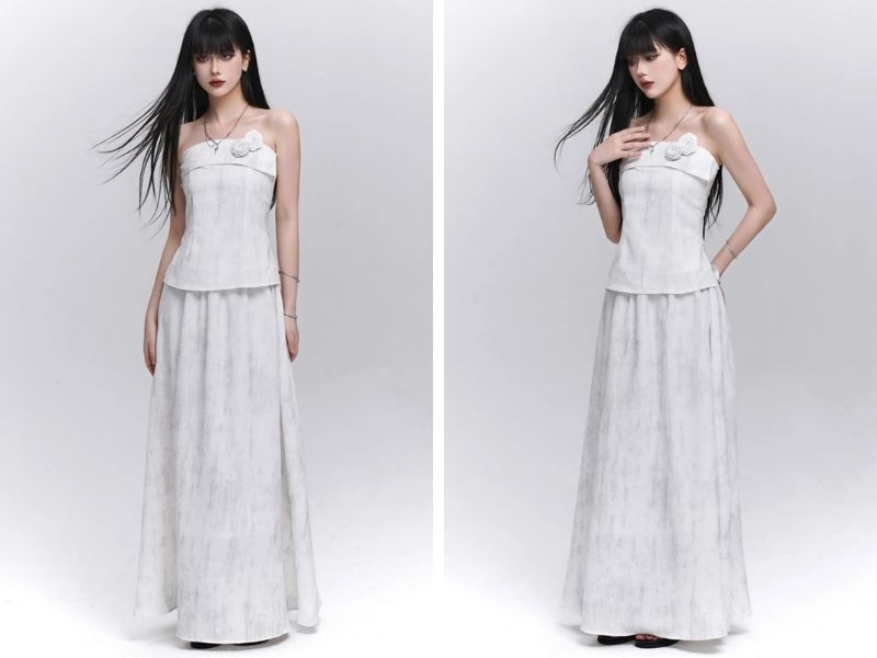 Cách mix chân váy dài với áo cúp ngực