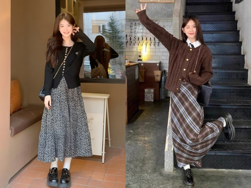 Chân váy hoa nhí phối Cardigan Hàn Quốc