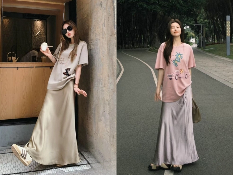 Phối chân váy đuôi cá dài với áo thun basic