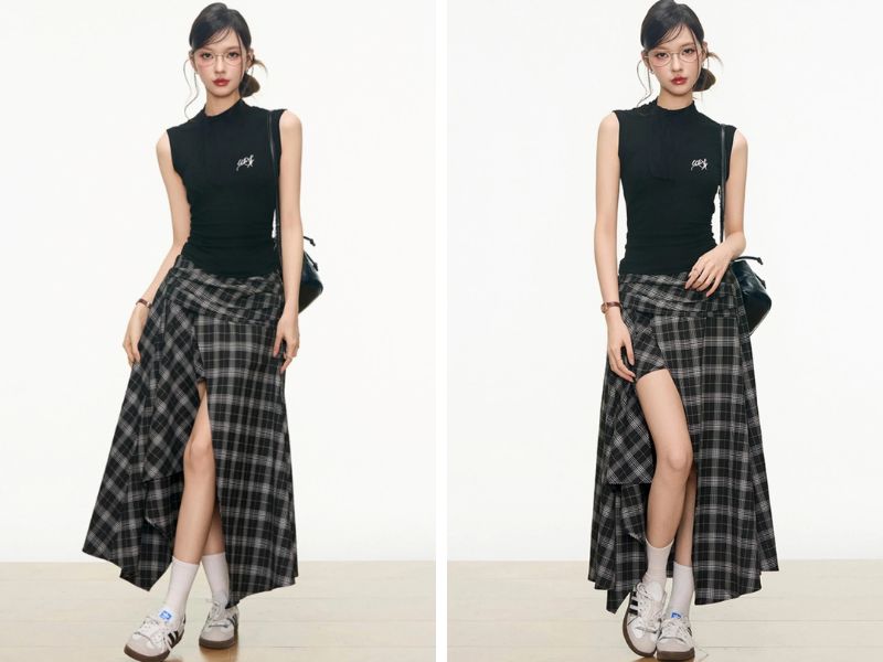 Cách phối chân váy dài với áo sát nách