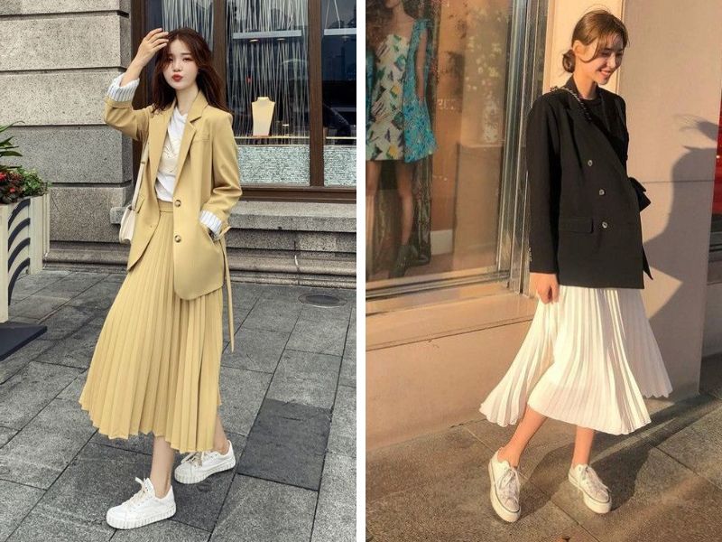 áo blazer với chân váy dài xếp ly