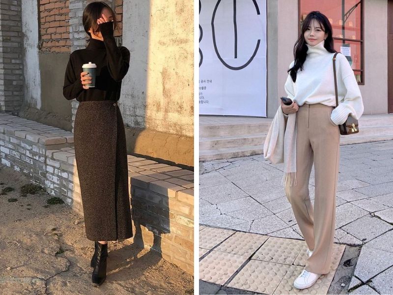 áo cổ cao và chân váy bút chì hoặc quần cạp cao