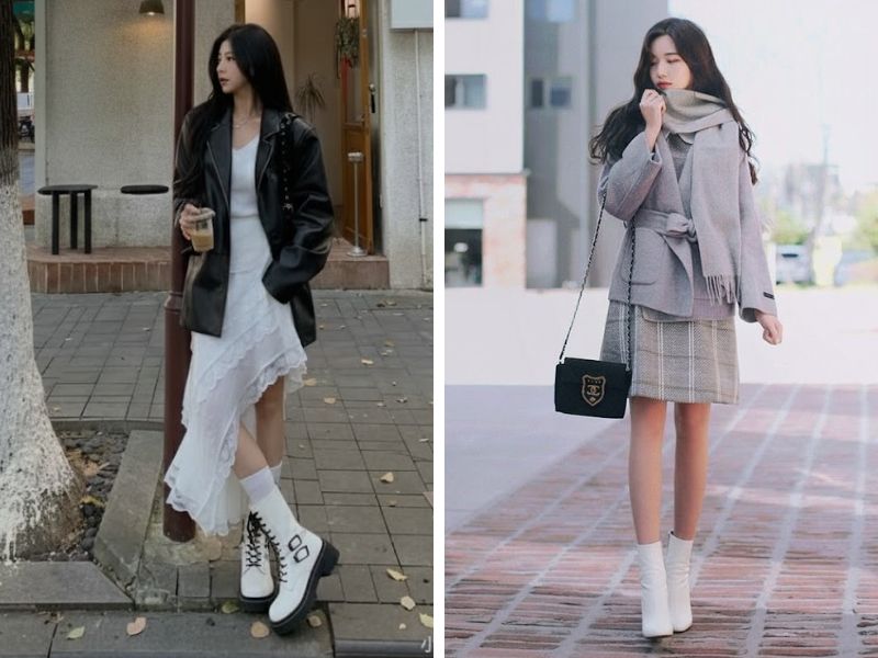 váy liền phối boot trắng cổ trung