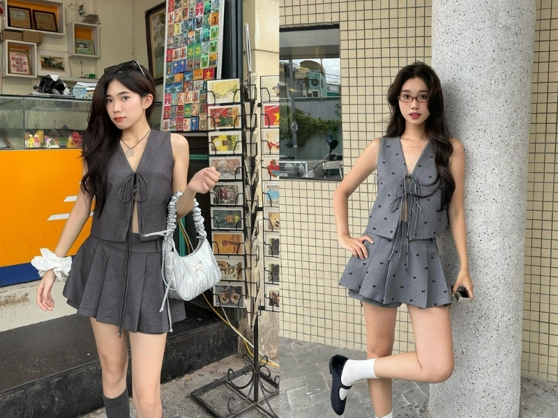 Phối chân váy ngắn xoè với áo tanktop cá tính
