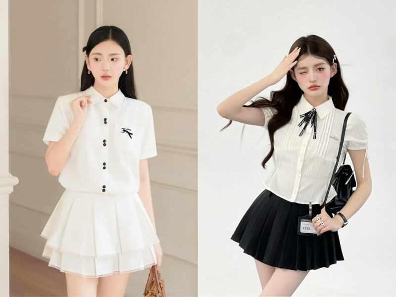 phối áo sơ mi với chân váy xoè ngắn