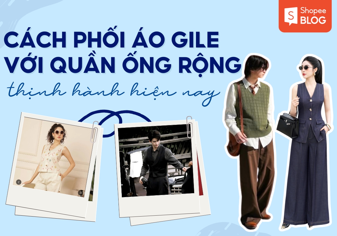 cách phối áo gile với quần ống rộng