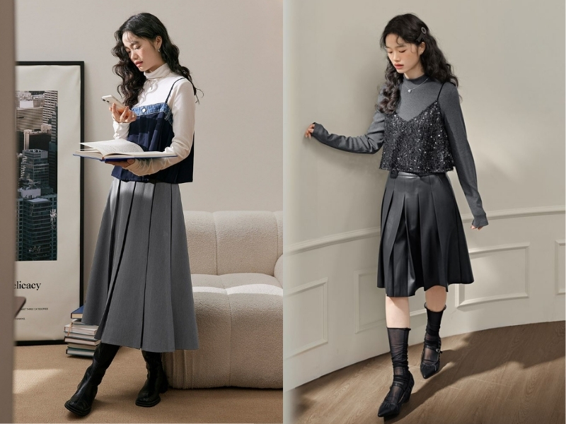 Phối váy xếp ly với áo croptop hiện đại.