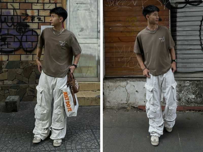 Phối quần baggy trắng với áo thun nâu