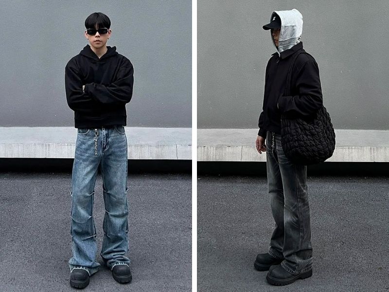 cách phối đồ với quần jean ống loe và hoodie