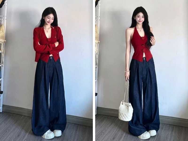 Phối quần ống rộng màu xanh navy với áo đỏ