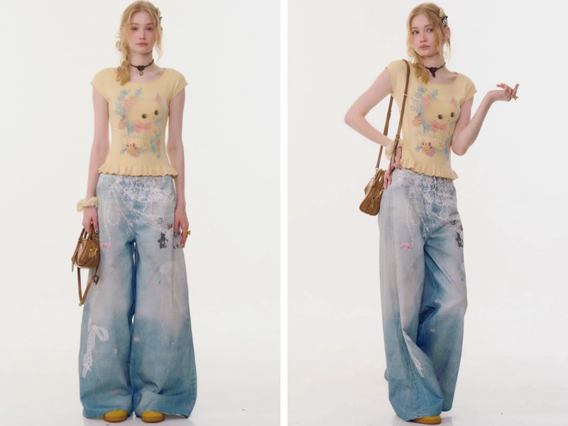 Phối đồ với quần baggy cạp cao và baby tee