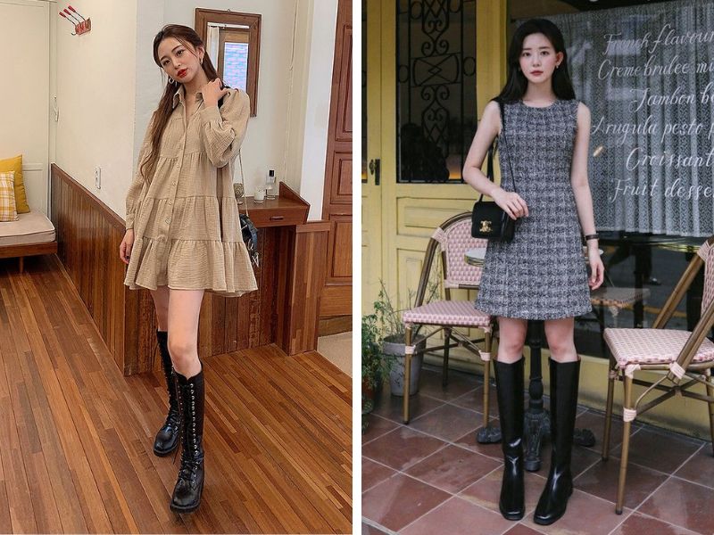 cách phối đồ với boot cổ cao dưới gối váy ngắn với boot cổ cao dưới gối