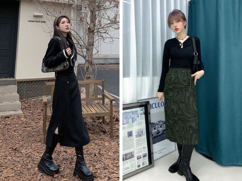 chân váy midi với boot cổ cao dưới gối
