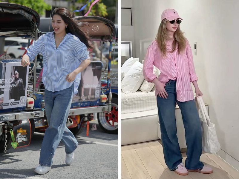 áo sơ mi kẻ sọc với quần jean