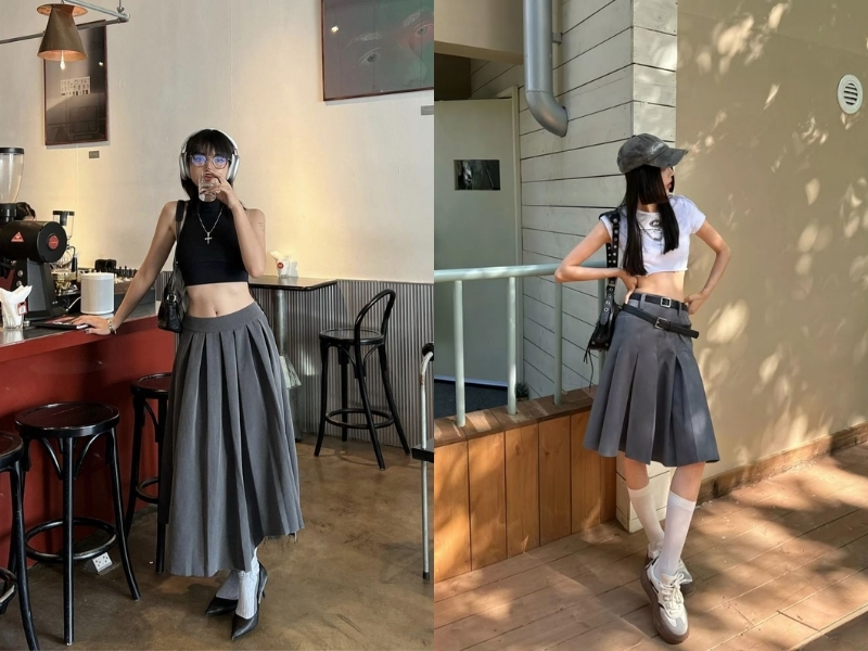 Chân váy xếp ly dài phối áo croptop cá tính