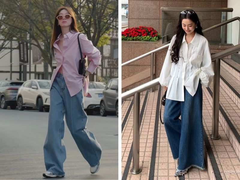 áo sơ mi tay dài quần jean nữ