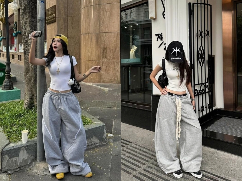 Áo croptop dáng dài hoặc babytee phối cùng quần nỉ 