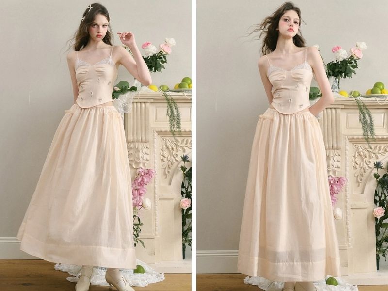 Cách mix chân váy suông dài với áo hai dây