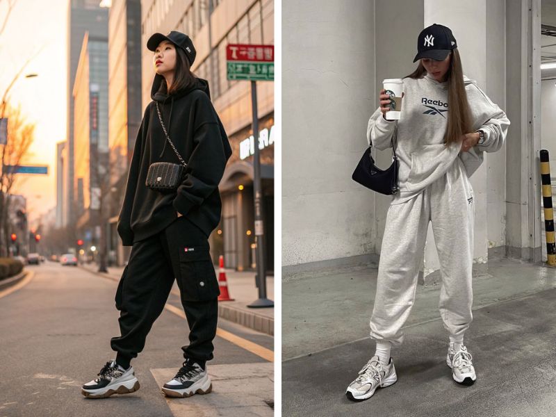 quần jogger với sneaker trắng và sneaker chunky