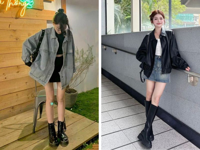 áo khoác denim và áo khoác da cùng boot cổ cao dưới gối