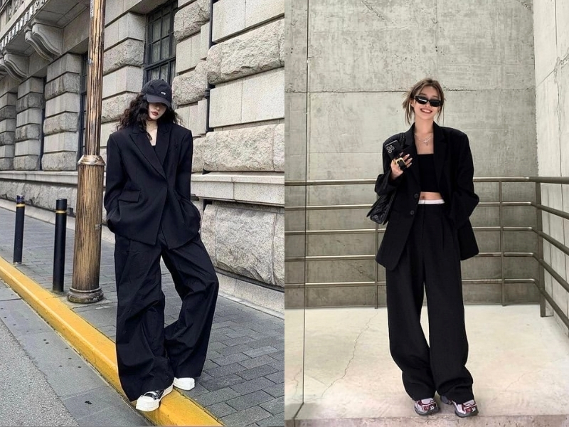 Phối đồ với quần ống suông đen và áo blazer