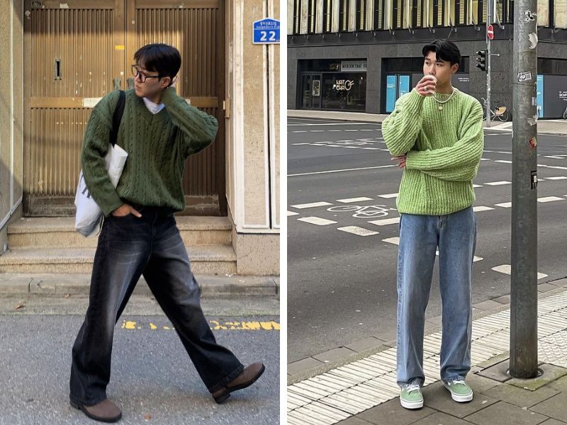 áo len và quần jean ống rộng nam