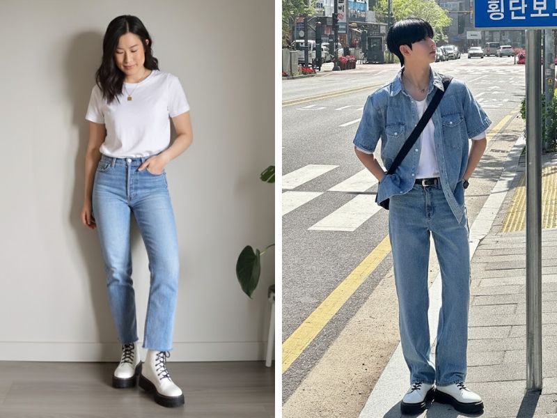áo thun quần jean với boot trắng cổ ngắn