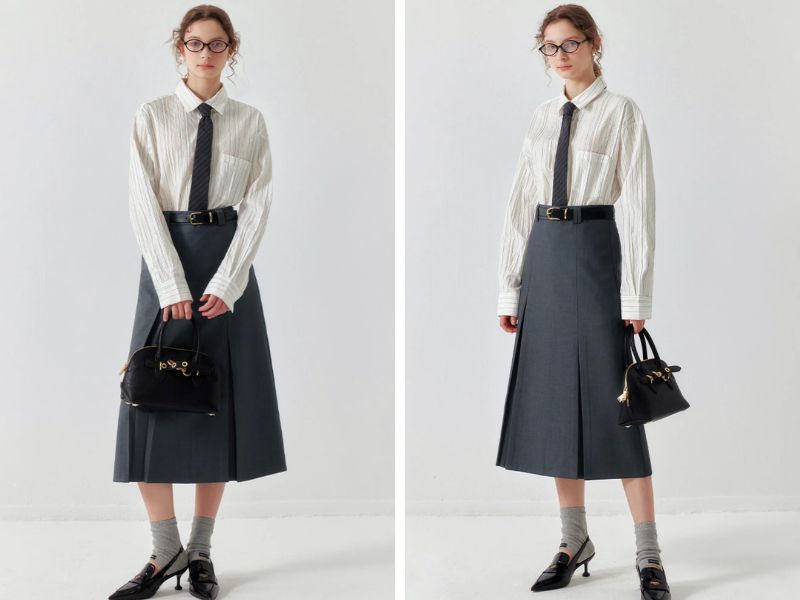 Cách phối chân váy dài với áo sơ mi