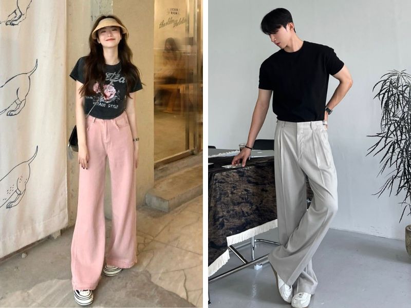 áo thun đen với quần hồng pastel hoặc be