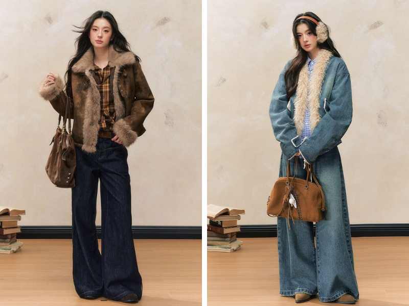 Phối quần jean ống rộng với áo khoác lông
