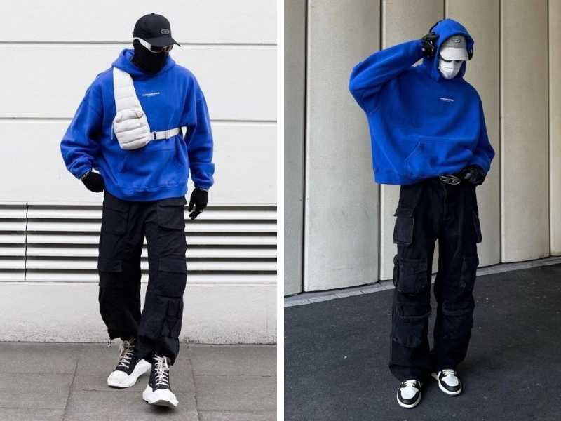 Phối hoodie xanh coban với quần cargo đen