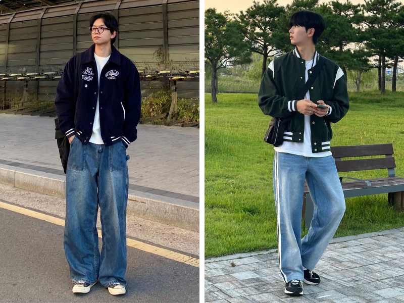 Phối quần bò ống rộng với áo khoác bomber