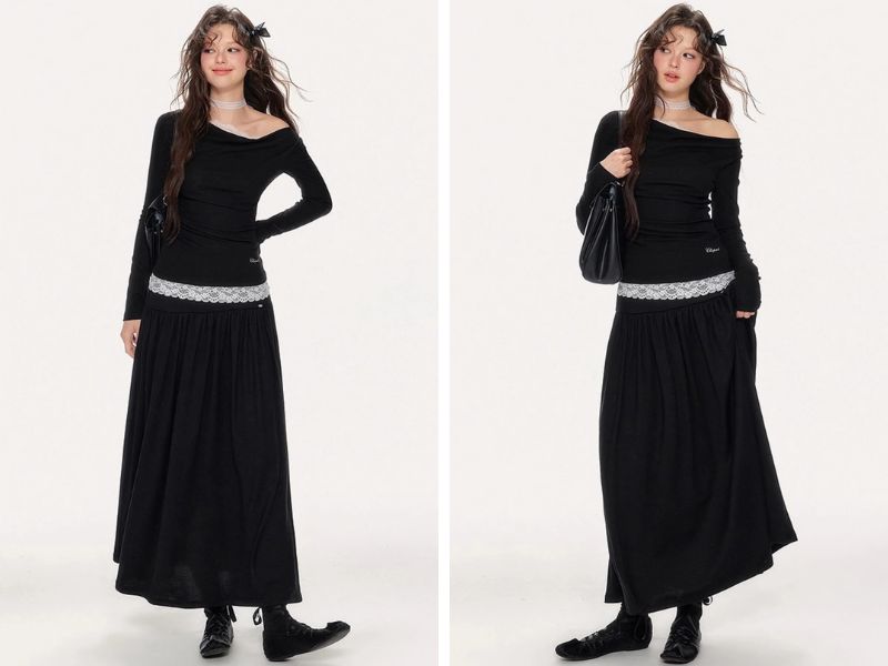 Cách phối chân váy suông dài với áo lệch vai