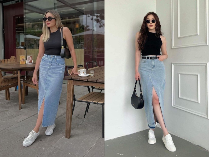 Tanktop ôm phối với chân váy jean dáng dài