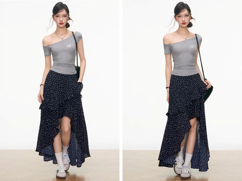 Cách mix chân váy dài với áo lệch vai