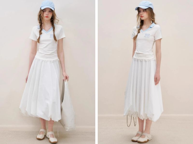 Cách phối chân váy suông dài với áo polo
