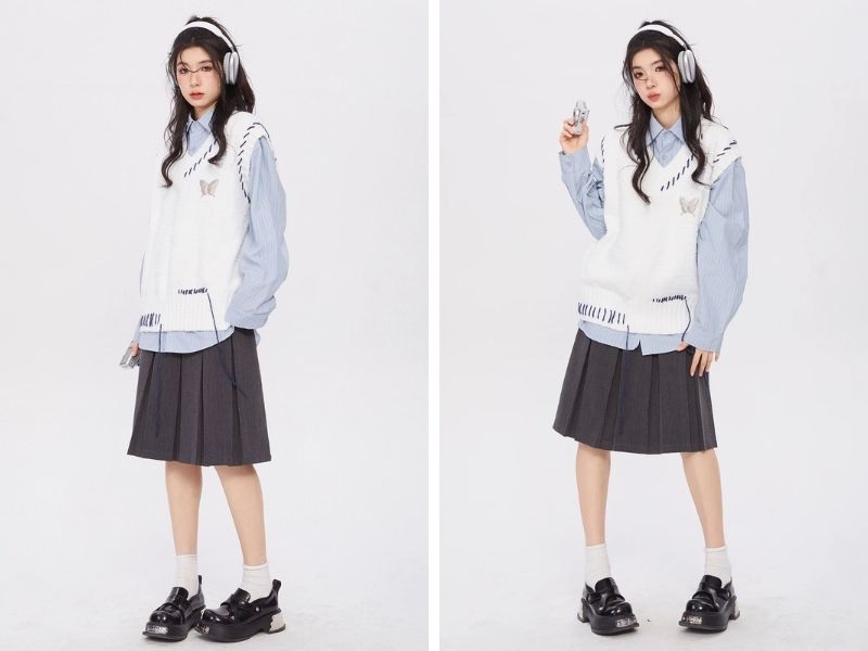 Cách phối áo gile với chân váy lửng