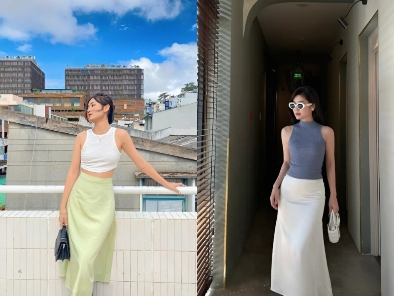 Phối đồ với chân váy chữ A dài và tank top
