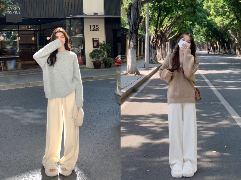 Áo len oversize phối áo giữ nhiệt và quần suông