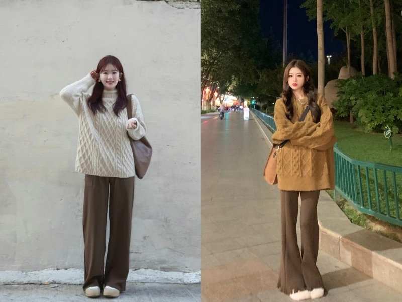 Áo len oversize phối áo giữ nhiệt và quần suông