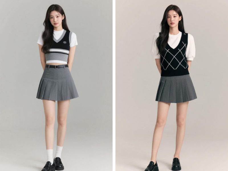 Cách phối áo len gile với chân váy tennis