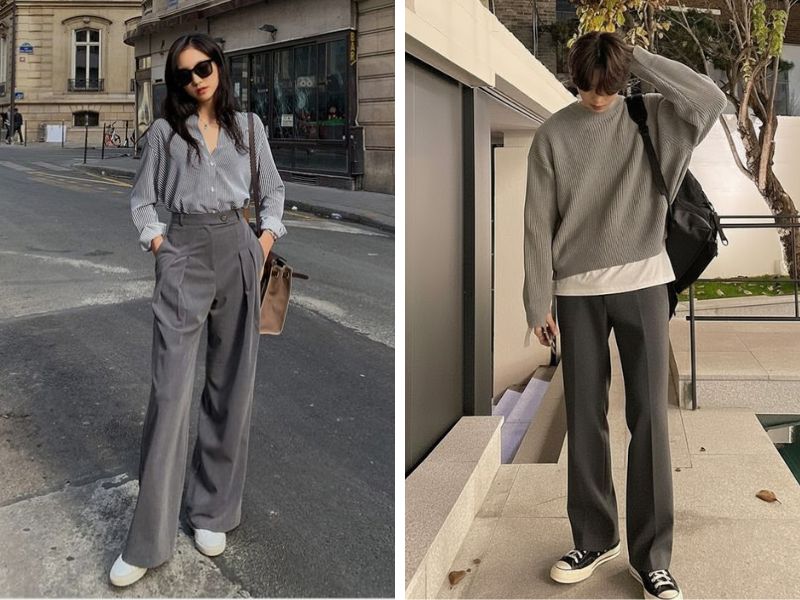 áo ghi phối quần xám đậm