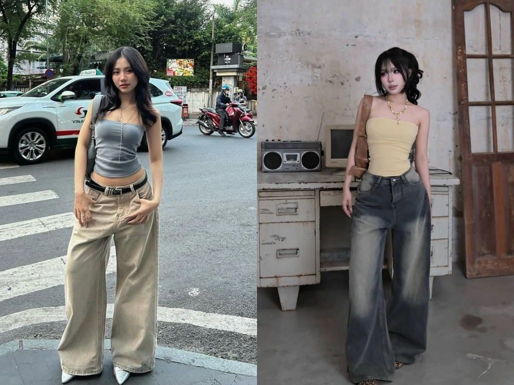 Quần jean ống suông nữ phối áo ống