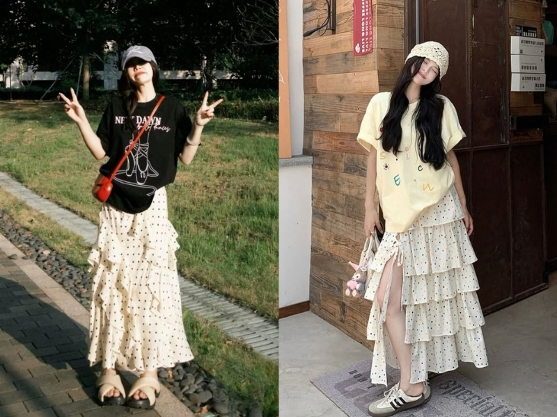 Chân váy hoa nhí dáng dài phối áo thun basic