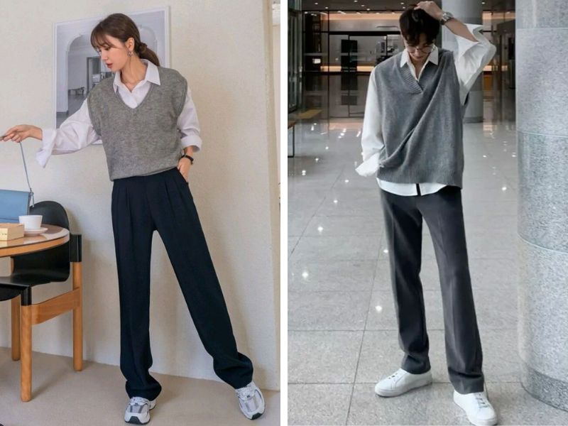 áo len gile xám lông chuột với áo sơ mi trắng