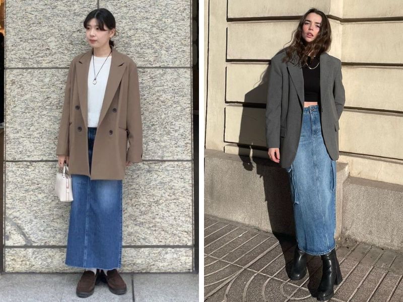 áo blazer với chân váy dài denim