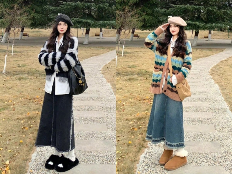 Áo cardigan dày phối chân váy bò dài mùa đông